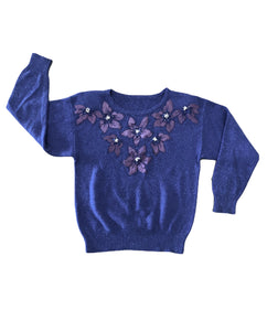 Blue Sweater with Purple Beaded Poinsettias- VC