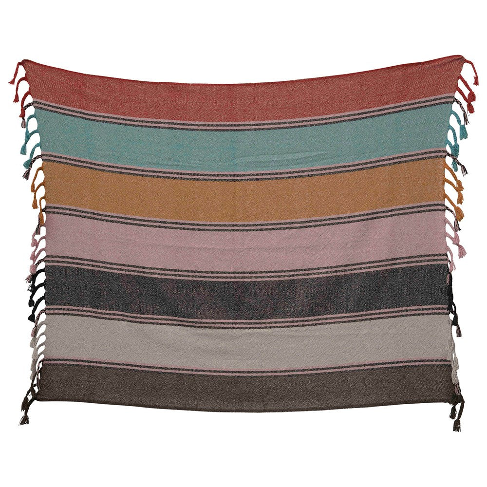 Multi Color Recycled Cotton Blend Striped Throw w/ Braided Fringe