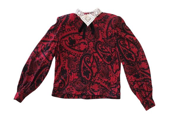Red and Black Paisley Shirt with Lace Collar- VC